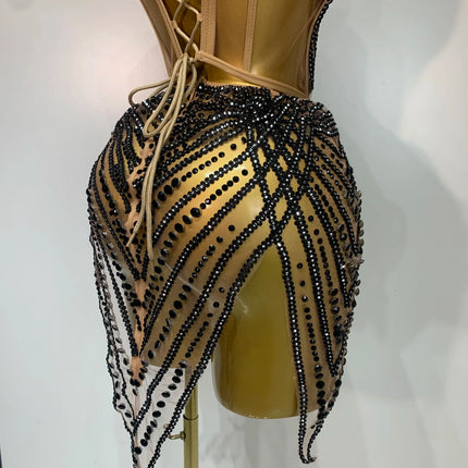 Sparkly Rhinestone Mesh Strapless Mini Dress Evening Stage Performance Outfit