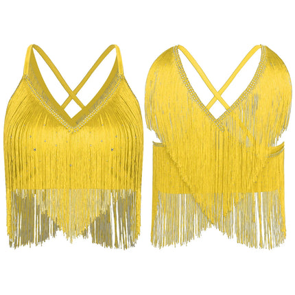 V-Neck Crisscross Back Tassel Fringe Crop Top Latin Salsa Dance Costume