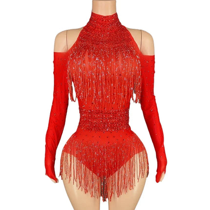 Sparkly Red Rhinestone & Fringe Long-Sleeve Mesh Bodysuit Dance Stage Costume