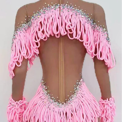 Pink Tassel Long-Sleeve Bodysuit Drag Queen & Gogo Stage Performance Costume