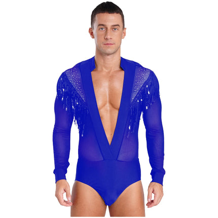 Men's Latin Salsa Sequin Tassel & Rhinestone V-Neck Performance Leotard Bodysuit