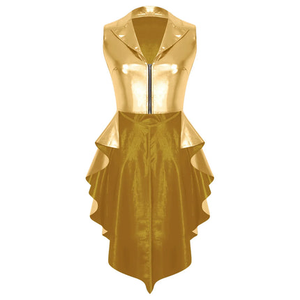 Metallic Wet-Look Sleeveless Tailcoat Jacket with Asymmetrical High-Low Hem
