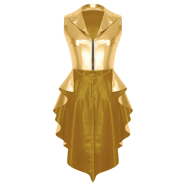 Metallic Wet-Look Sleeveless Tailcoat Jacket with Asymmetrical High-Low Hem