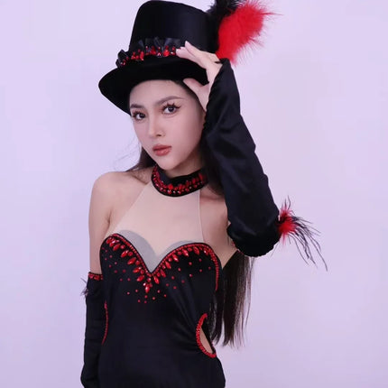 Women Team Jazz Dance Performance Costume Sexy Back Backless Crystal Bodysuit with Gloves Feather Hat Nightclub Gogo Rave Outfit