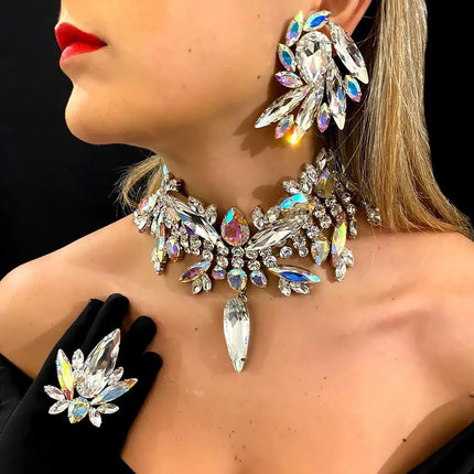 Rhinestone Geometric Crystal Necklace Earrings Set