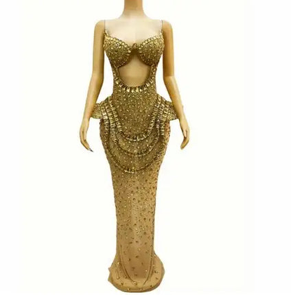 Vintage-Inspired Heavy Rhinestone Mesh Evening Prom Dress