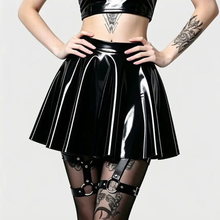 Gothic PU Leather PVC Shiny Flared Pleated Mini A-Line Skirt
