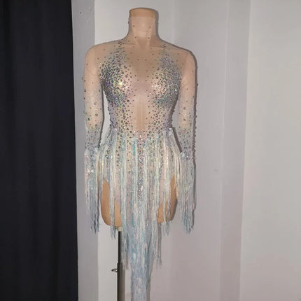 Iridescent Crystal Tassel Long Sleeve Sheer Mesh Stage Bodysuit Costume