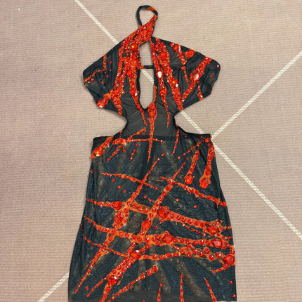 Crimson Flame Rhinestone Mesh Mini Dress Keyhole Cutout Backless Stage Costume