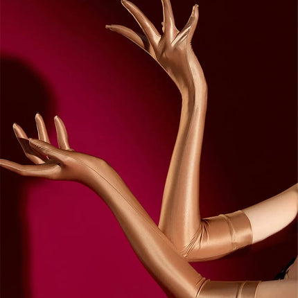 Oil Glossy Satin Smooth Five-Finger Long Elbow Gloves High-Stretch Luxury Evening Gloves