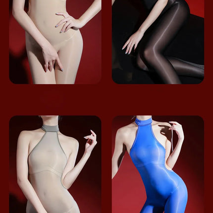 5D 912 PIN Backless Halter Oil Glossy Sheer Bodysuit Leotard