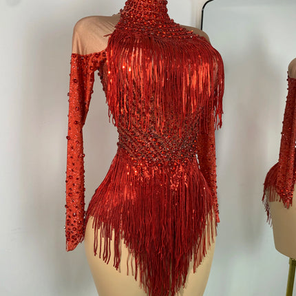 Red Rhinestones Skinny Bodysuit Women Sexy Long Sleeve Tassel Performance Singer Dance Costume Nightclub Celebrate Stage Wear