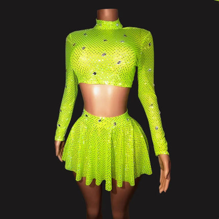 Neon Lime Rhinestone Crop Top & Fringe Mini Skirt 2-Piece Stage Costume Set