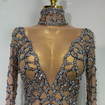 The Stardust Diamond Fringe Bodysuit – Luxury Rhinestone Mesh Stage Costume