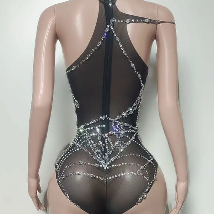 Sparkly Silver Rhinestone Spider Web Mesh Stage Performance Costume Set