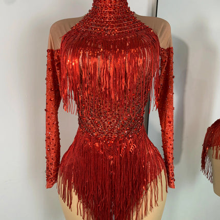 Red Rhinestones Skinny Bodysuit Women Sexy Long Sleeve Tassel Performance Singer Dance Costume Nightclub Celebrate Stage Wear