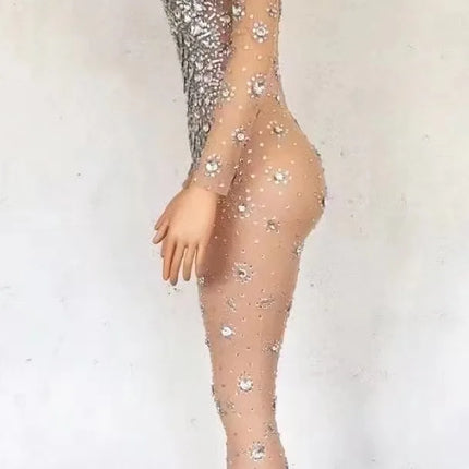Sparkling Full Crystal Illusion Jumpsuit Long Sleeve Rhinestone Catsuit Stage Wear