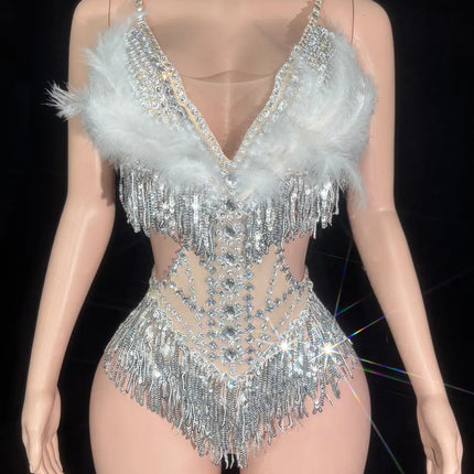 Sparkly Rhinestone Sequin Feather Bodysuit Showgirl Stage Performance Leotard