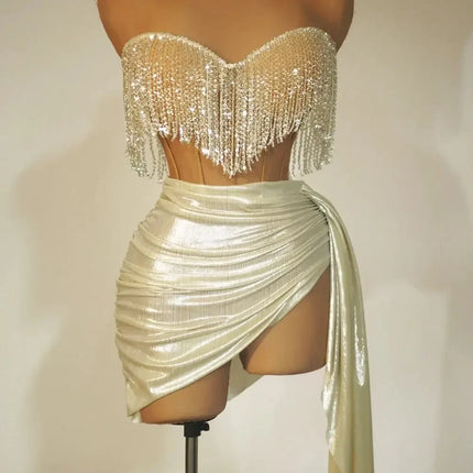 The Stardust Siren Draped Mini Dress – Luxury Rhinestone Mesh Stage Dress