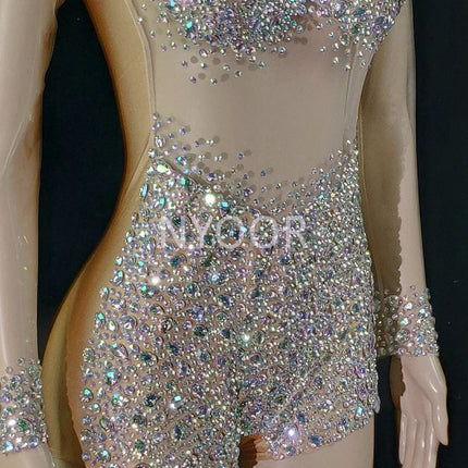 Luxurious AB Crystal Rhinestone Stage Dance Costume Illusion Romper