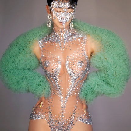 Crystal Mesh See-Through Pole Dance Leotard & Rhinestone Bodysuit Romper
