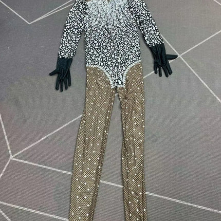 Silver Crystal Black Stocking Jumpsuit Drag Queen Nightclub Performer Catsuit