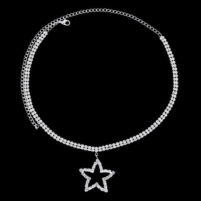 Sparkly Double Layer Crystal Rhinestone Star Pendant Choker Necklace Stage Jewelry