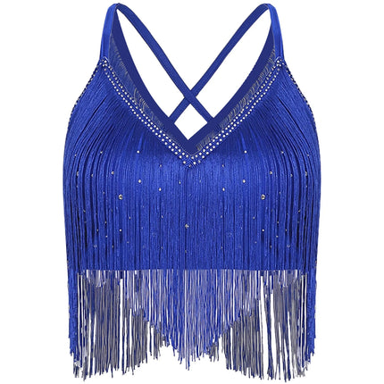 V-Neck Crisscross Back Tassel Fringe Crop Top Latin Salsa Dance Costume