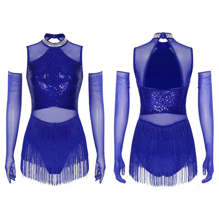 Sparkly Sequin & Fringe Dance Dress with Gloves Latin Stage Performance Costume