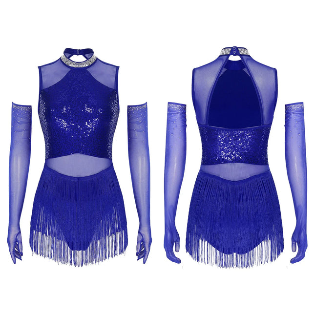 Sparkly Sequin & Fringe Dance Dress with Gloves Latin Stage Performance Costume