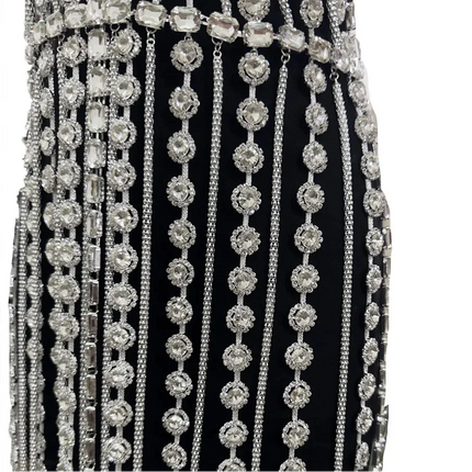 Sparkly Glass Crystal Tassel Body Chain Dress Drag Queen Stage Backless Mini Skirt