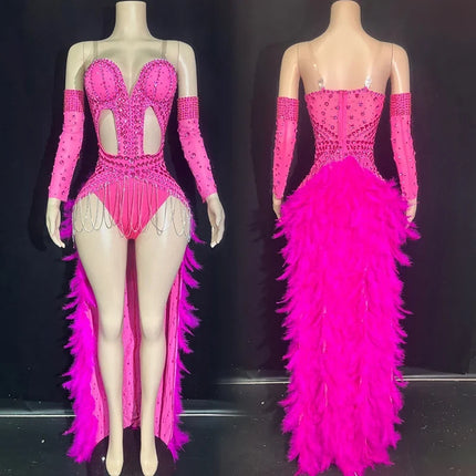 The Stardust Showgirl Finale – Rhinestone Bodysuit & Feather Train Costume