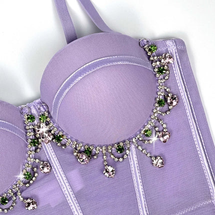 Mesh Bustier Corset Crop Top Diamond Embroidery Tassel Evening Party Bralette