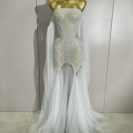 Luxury Birthday Evening Party Dress Elegant Sparkly Rhinestone Pearl Sexy Strapless Mesh Long Dress Prom Wedding Guest Gowns