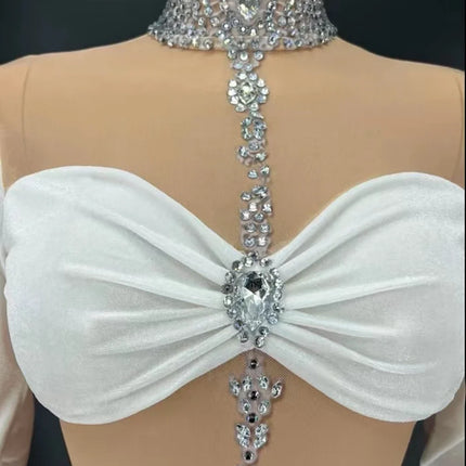 Sparkly Rhinestone & White Feather Long-Sleeve Bodysuit Stage Costume