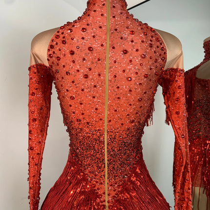 Red Rhinestones Skinny Bodysuit Women Sexy Long Sleeve Tassel Performance Singer Dance Costume Nightclub Celebrate Stage Wear