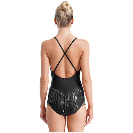 Sequins Fringed Cross Back Latin Dance Leotard Sleeveless V-Neck Bodysuit