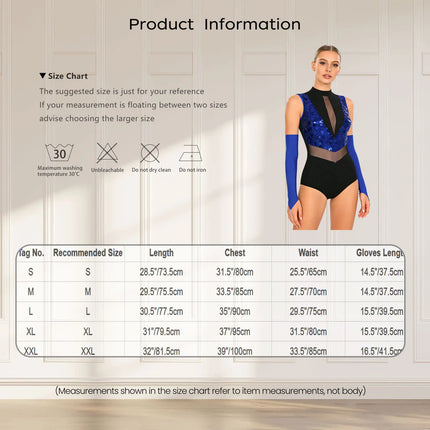 Sparkly Sequin Mock Neck Dance Leotard & Gloves Two-Piece Bodysuit Set