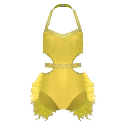 Glittery Rhinestone & Faux Feather Latin Dance Leotard Halter Bodysuit