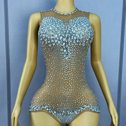 Sparkly Rhinestone Sheer Mesh Bodysuit Backless Stage Costume Leotard