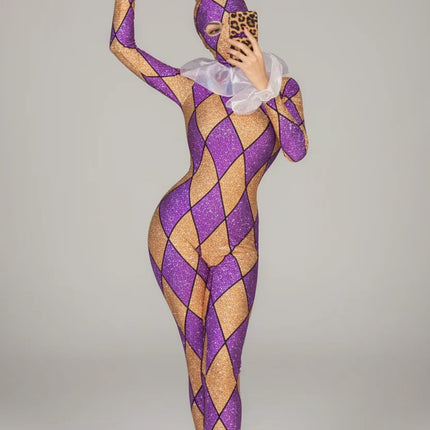 Futuristic Geometric Rhinestone Bunny Bodysuit – Luxury Showgirl Stage Costume & Exotic Festival Leotard with Statement Collar