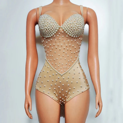 Pearl Encrusted Nude Illusion Bodysuit Sparkly Stage Dance Leotard Costume