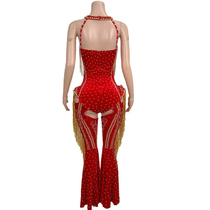 Rhinestone Tassel Hollow-Out Jumpsuit & Stage Performance Dance Romper