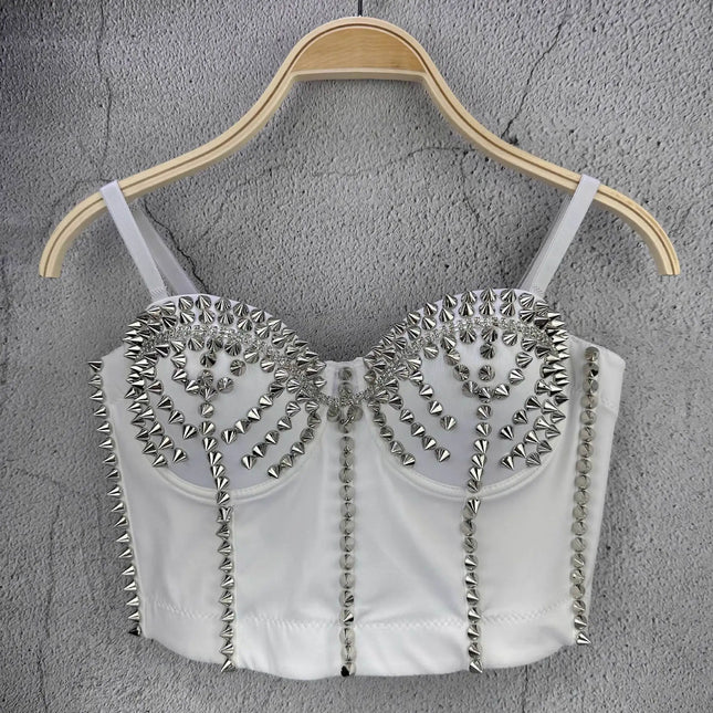 Punk Style Studded Denim Bustier Corset Crop Top Party Stage Costume Bralette