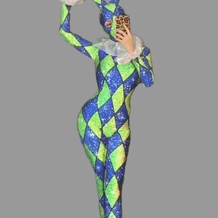 Futuristic Geometric Rhinestone Bunny Bodysuit – Luxury Showgirl Stage Costume & Exotic Festival Leotard with Statement Collar