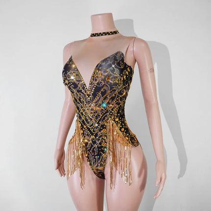 Gold Sequin Halter Bodysuit & Beaded Tassel Fringe Latin Dance Stage Costume
