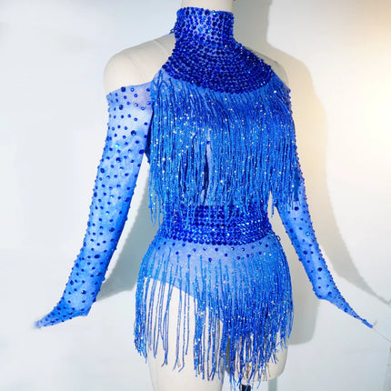 Rhinestone Tassel Mesh Performance Bodysuit