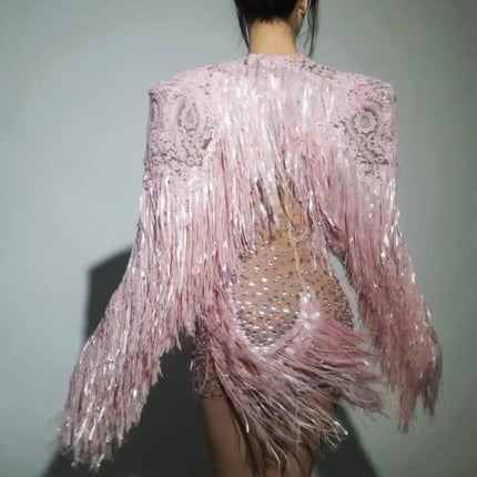 Rhinestone Sequin Fringe Mini Dress & Feather Shawl 2-Piece Stage Costume Set