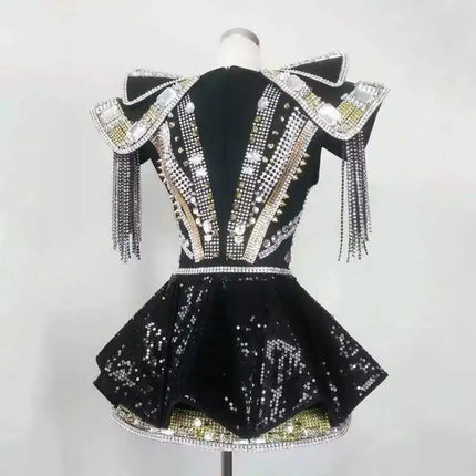 Sparkly Crystal & Rhinestone Armor Bodysuit & Dress Stage Performance Costume