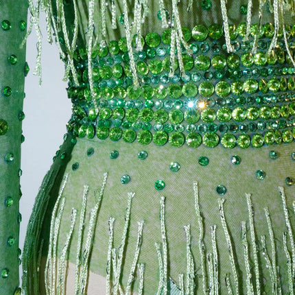 Rhinestone Tassel Mesh Performance Bodysuit
